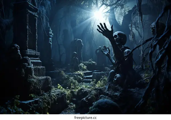Spooky Graveyard with Zombies Roaming at Night