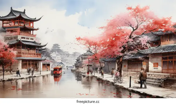 Chinese Water Town with River, People on Streets and Bridges, and Trees and Flowers on Banks
