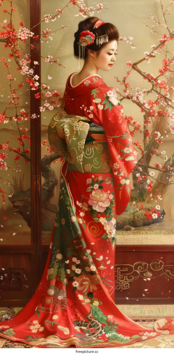 A Japanese woman wearing a red kimono with floral patterns standing in a cherry blossom garden