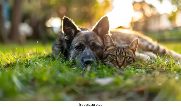 A cute cat and a dog lying on the grass together