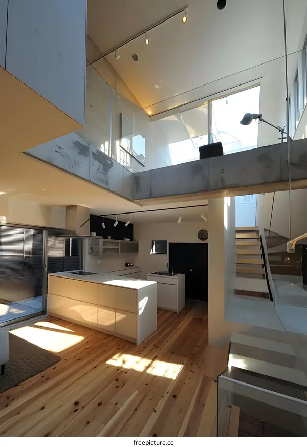 Modern Kitchen with Open Staircase and Glass Railings in a Contemporary Home
