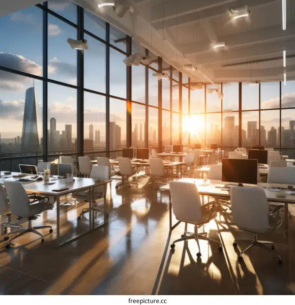 Modern office interior with large windows and city view