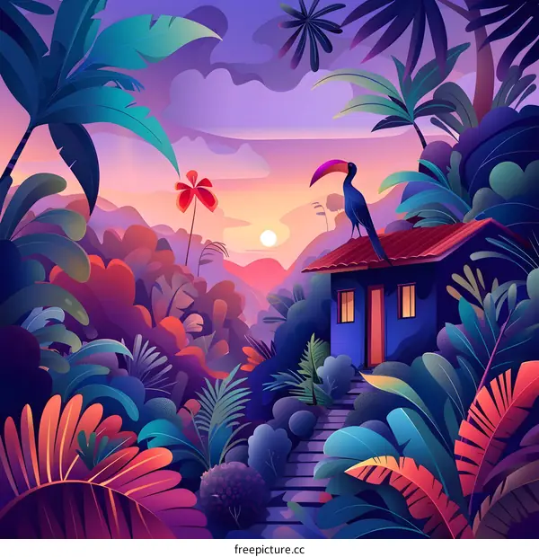 Tropical Sunset Landscape with Toucan on a House Roof
