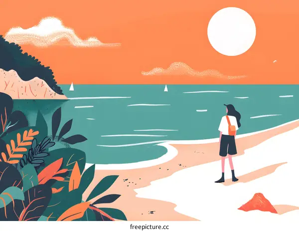 Woman Standing on Beach Looking at Ocean with Sunset Sky