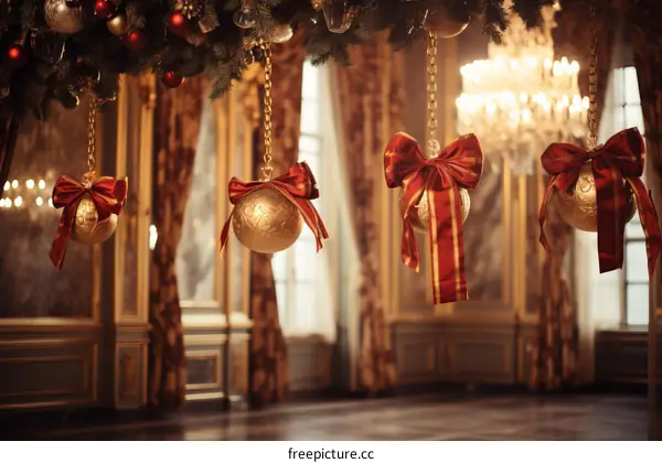Ornate Christmas ornaments hanging from a decorated ceiling