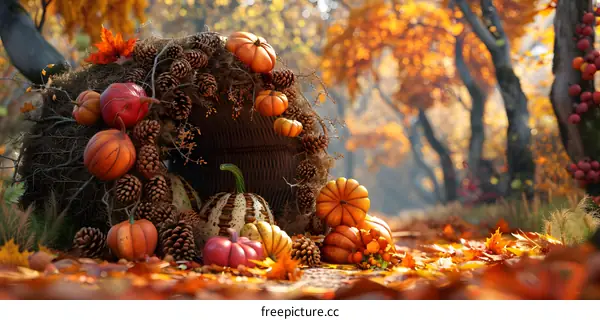 A wicker basket decorated with pumpkins and pine cones in an autumn forest