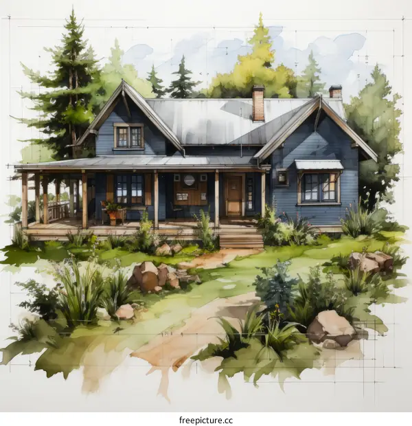 An illustration of a blue house with a porch and a garden