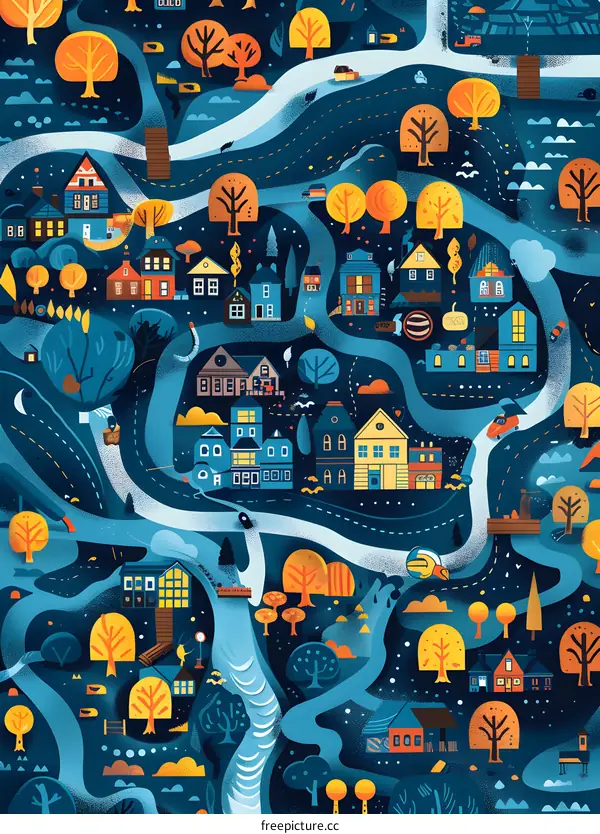 Illustrated Map of a Town with Houses, Trees and a River