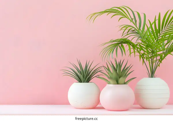 Pink Wall With Green Plants In White Pots