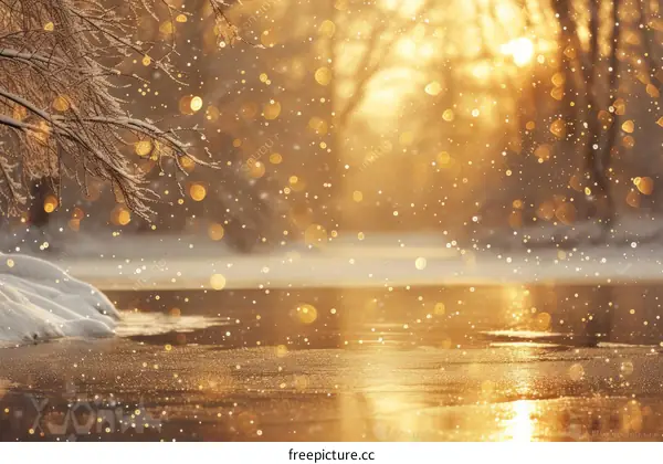 Frozen Lake Winter Wonderland: Snow-Covered Trees and Sunlight