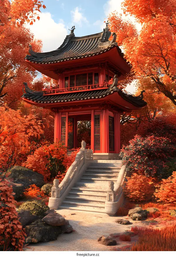 Red Chinese Pagoda in Autumn Foliage