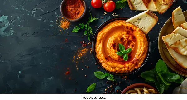 Roasted Red Pepper Hummus with Pita Bread and Fresh Vegetables