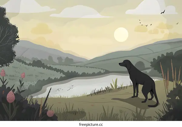Dog Sitting by a Lake in the Countryside at Sunset