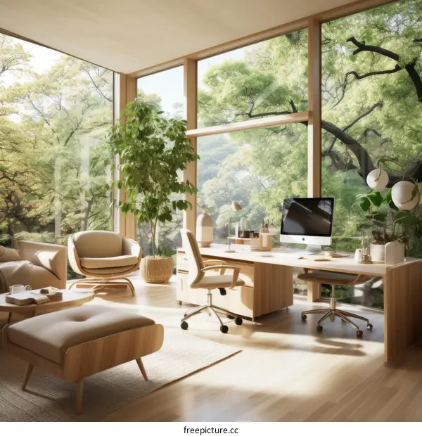 A modern home office with a large window looking out onto a forest