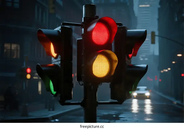 Red traffic light glowing in wet urban street at night