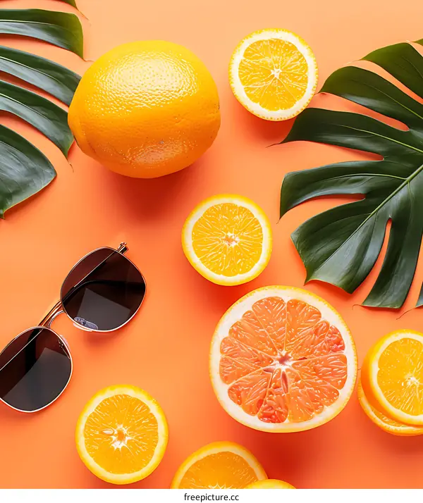 Summer Fruit with Sunglasses on Orange Background