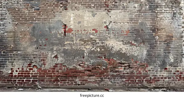 Weathered brick wall texture with peeling paint