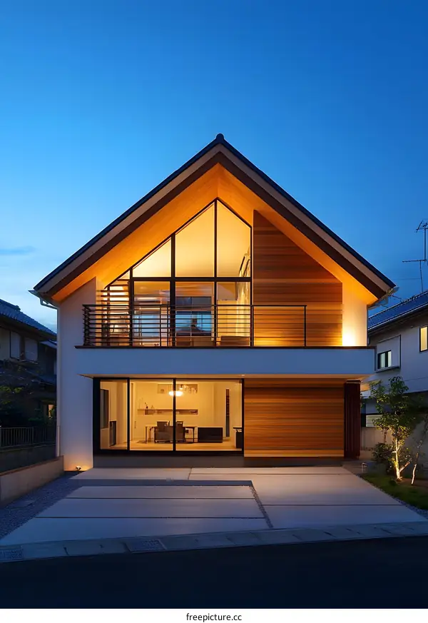 Modern Two Story House with Wooden Siding and Large Windows