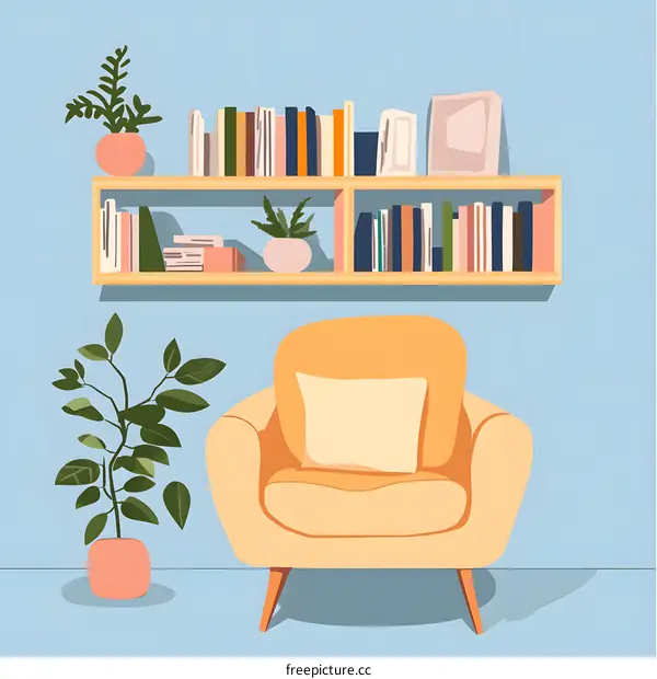 Living Room Illustration with Armchair and Bookshelf
