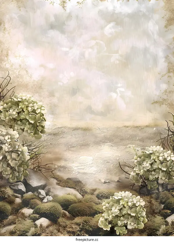 Vintage Style Floral Background with White Flowers and Green Foliage