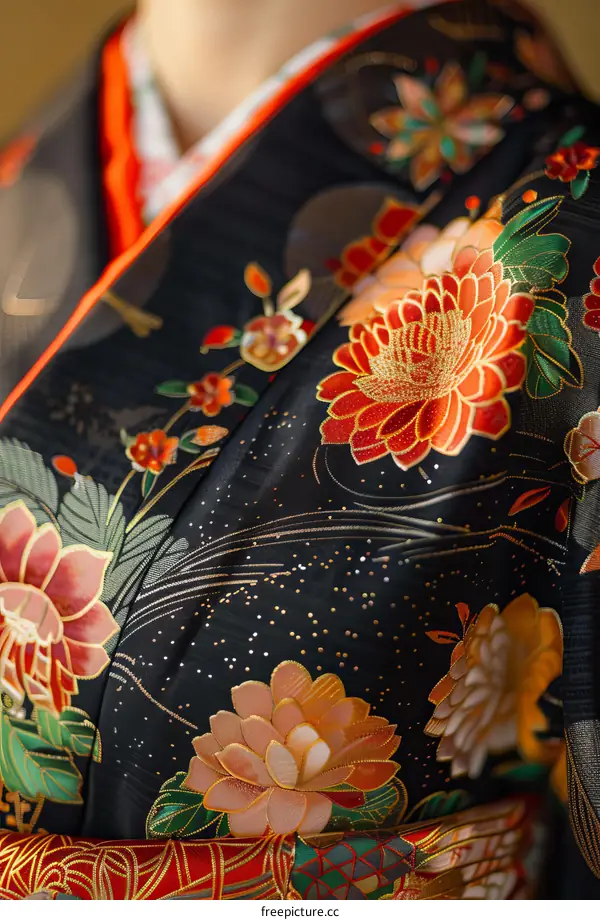 Close Up Of Japanese Kimono With Floral Pattern