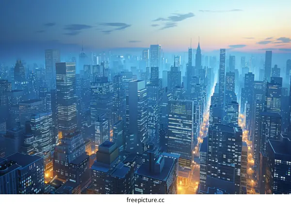 Cityscape with Towering Skyscrapers and Glowing Lights