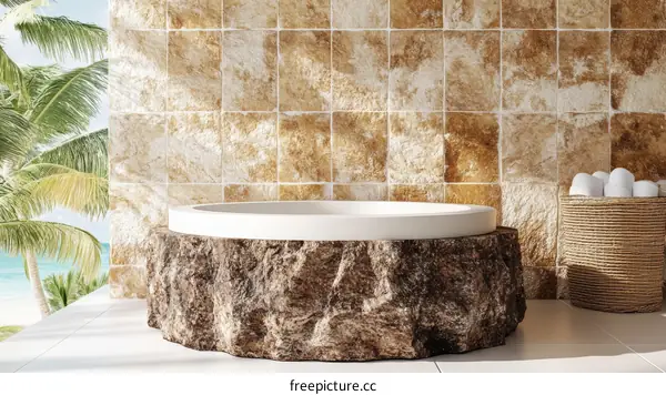 Tropical Outdoor Stone Bathtub Scene Illustration