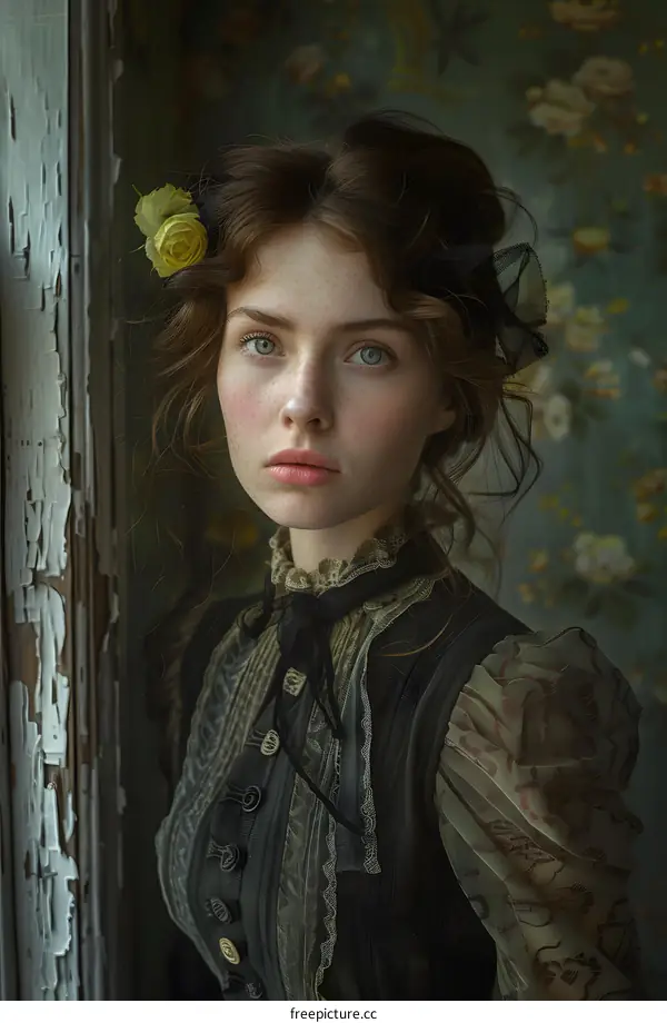 portrait of a young woman with yellow flower in her hair