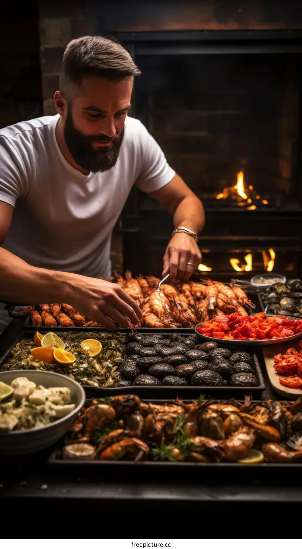 Bearded man grilling seafood over an open fire