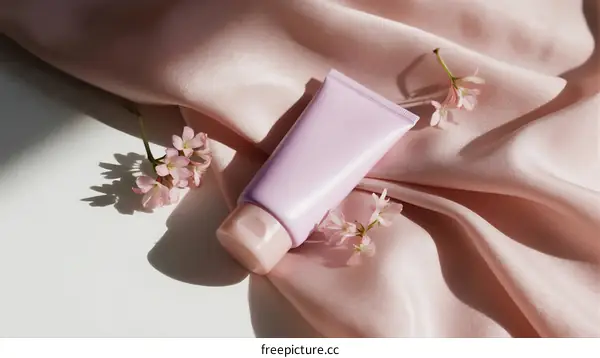 Pink Skincare Lotion on Soft Silk Cloth with Cherry Blossoms