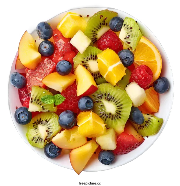 [Transparent Background PNG]A bowl of fresh and colorful fruit salad with watermelon, orange, kiwi, raspberry, blueberry, and peach