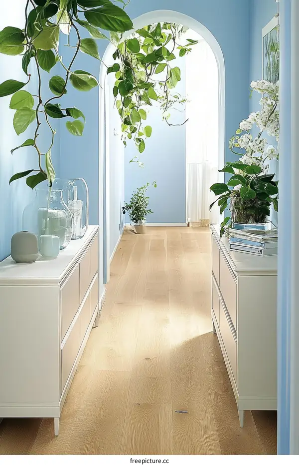 Light-Colored Wooden Floor in a Light Blue Corridor