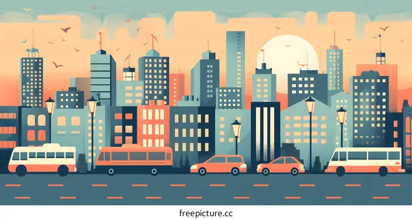 Cityscape with Sunset and Buses