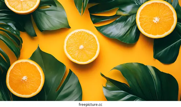 Orange Slices and Green Leaves on Yellow Background