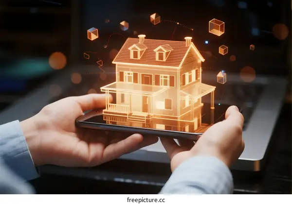 Holographic House Model Displayed on Smart Device with Digital Elements