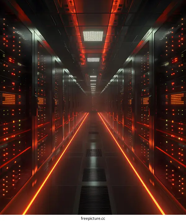 futuristic sci-fi data center with red glowing lights