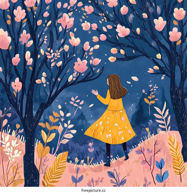 Woman in Yellow Dress Standing in a Blooming Forest