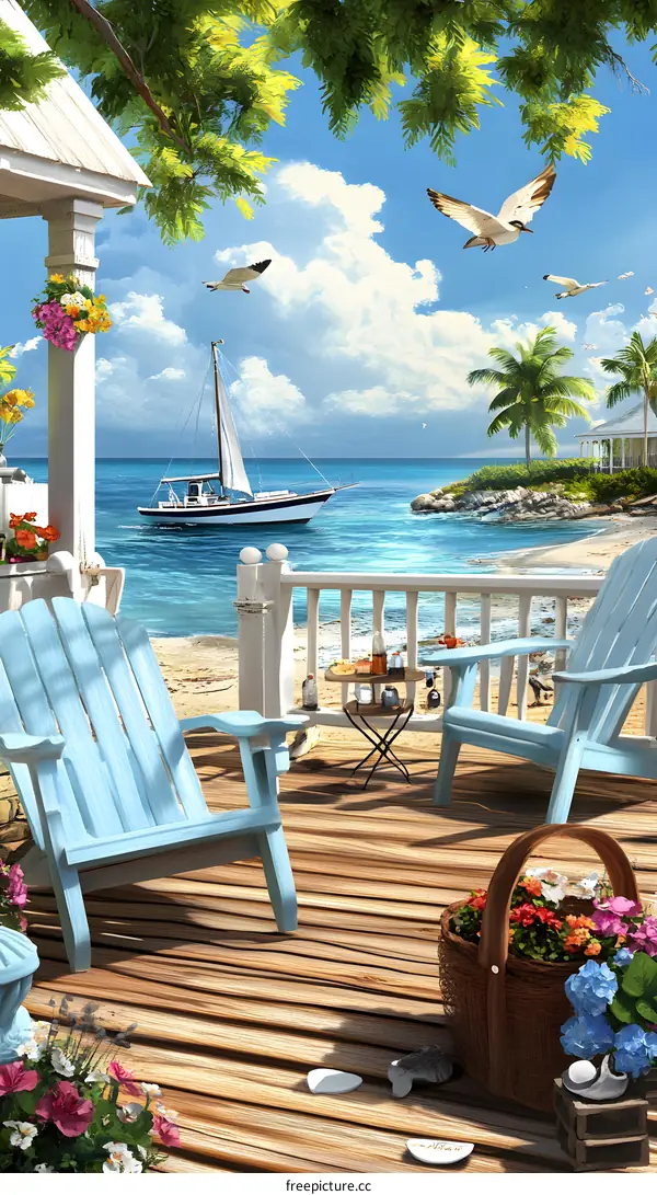 Ocean View Deck with Two Chairs and a Sailboat