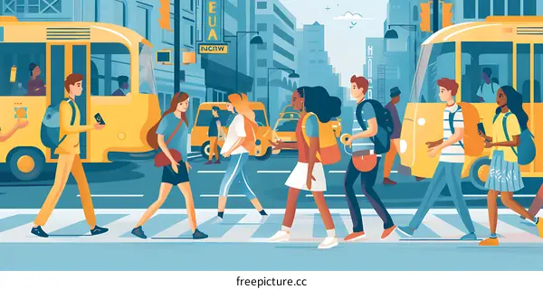 People Crossing Street With Backpacks In City Illustration