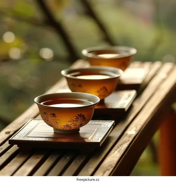 Three cups of tea on a wooden railing with a blurred background of foliage