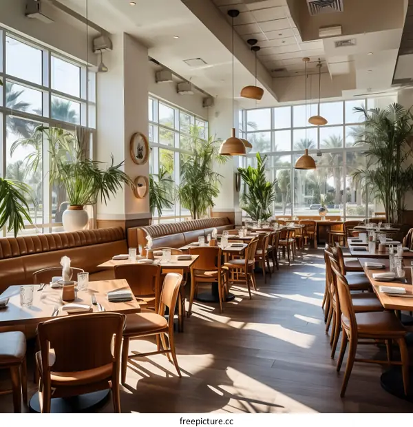 Modern restaurant interior with large windows and wooden furniture