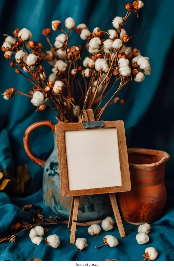Empty Canvas On Wooden Easel Beside Dried Cotton Flowers