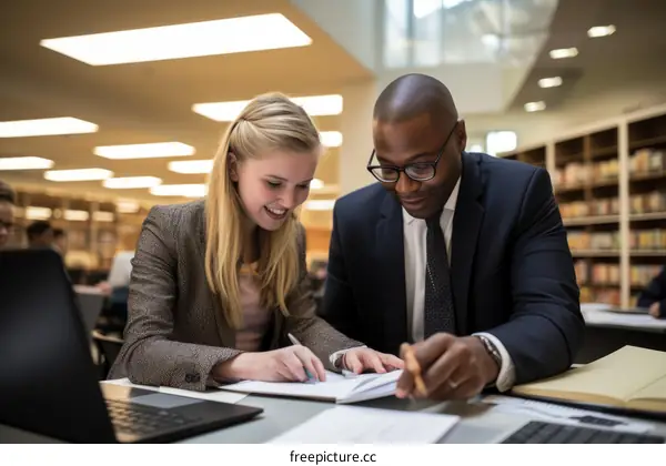 Two business professionals discussing ideas in a library
