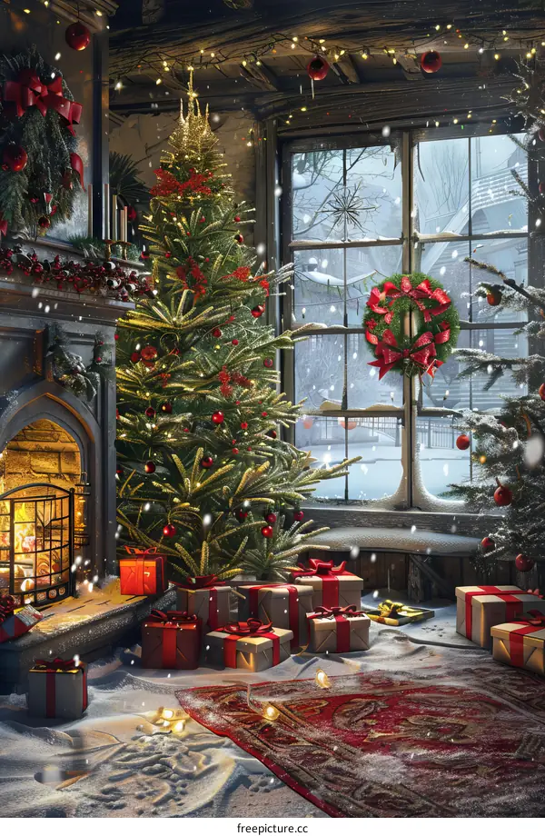 An Elegantly Adorned Christmas Tree by the Fireplace