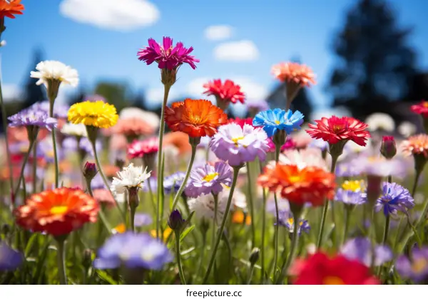 Close-up of a field of colorful wildflowers under a blue sky