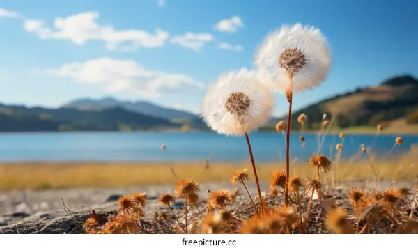 White Dandelions by a Tranquil Lake with Mountain Views