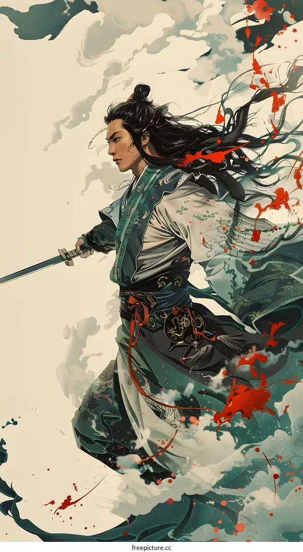 Samurai Warrior in Traditional Japanese Clothing with Sword and Red Splashes