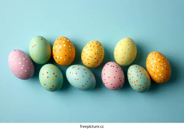 Colorful Easter Eggs Arranged on Light Blue Background