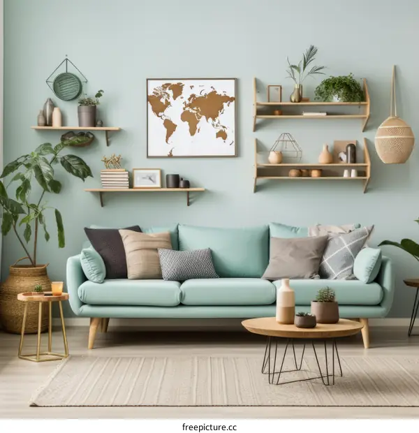 A Stylish Living Room With a Green Sofa and Natural Decor