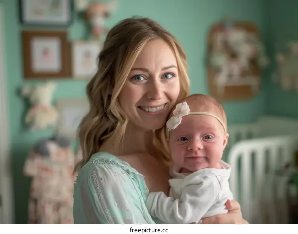 A mother is smiling at her newborn baby girl.